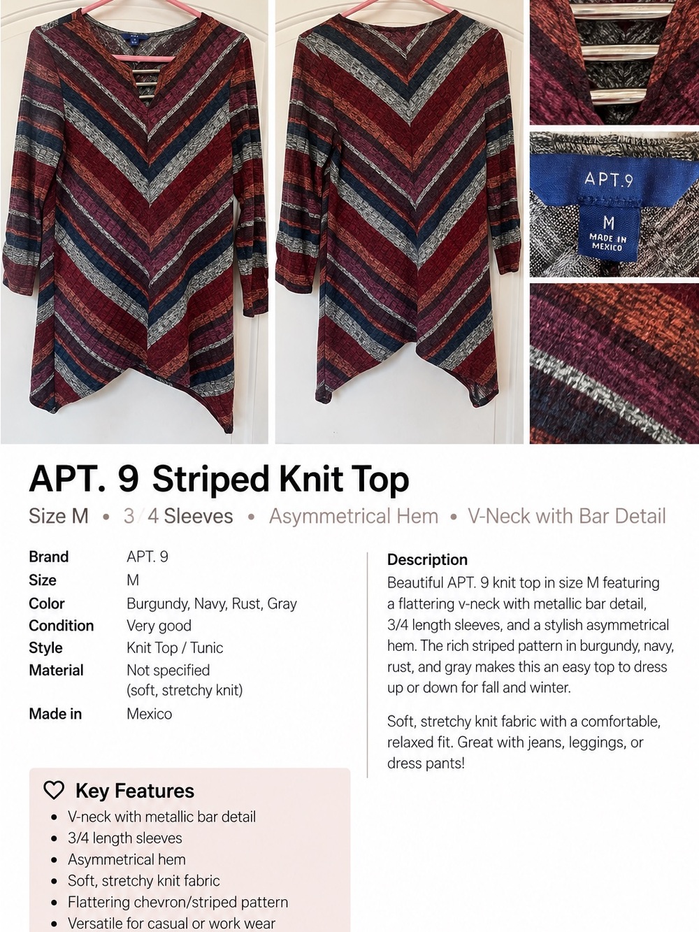 Apt. 9 Burgundy, Navy & Rust Chevron V-Neck Sweater Top